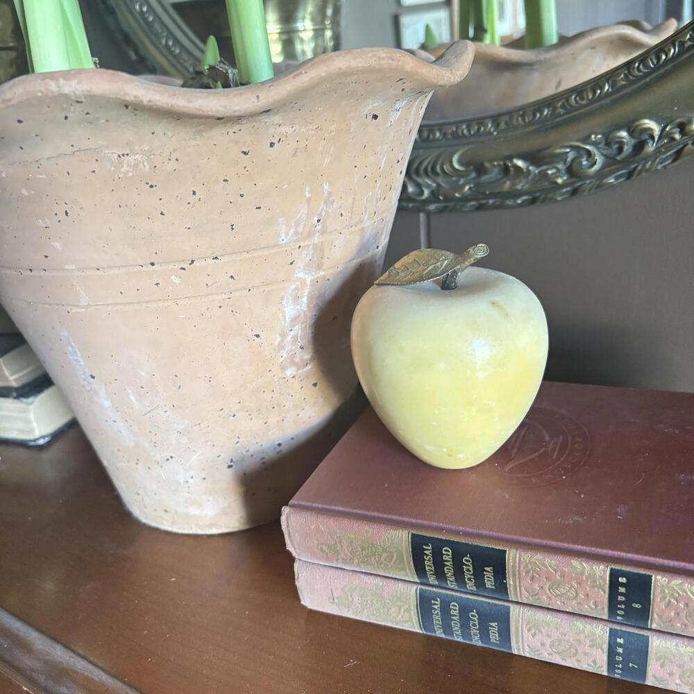 Vintage Polished Marble‎ Apple Paperweight with Brass Stem & Leaf Antique